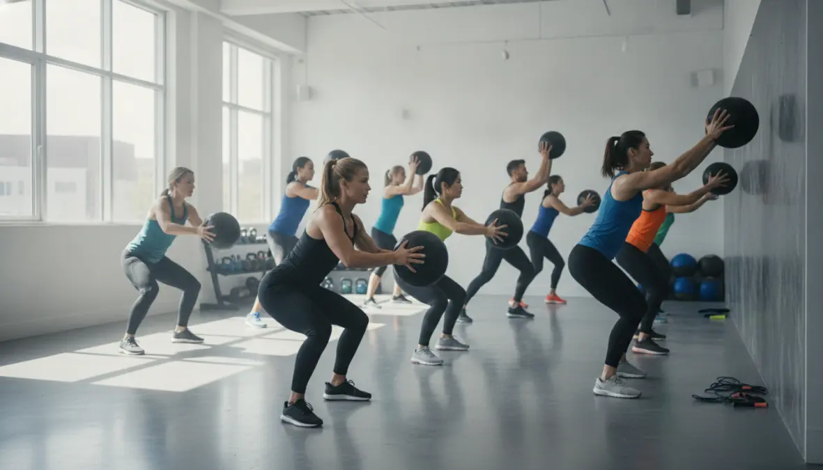 Group of endurance athletes training with medicine ball power exercises in gym