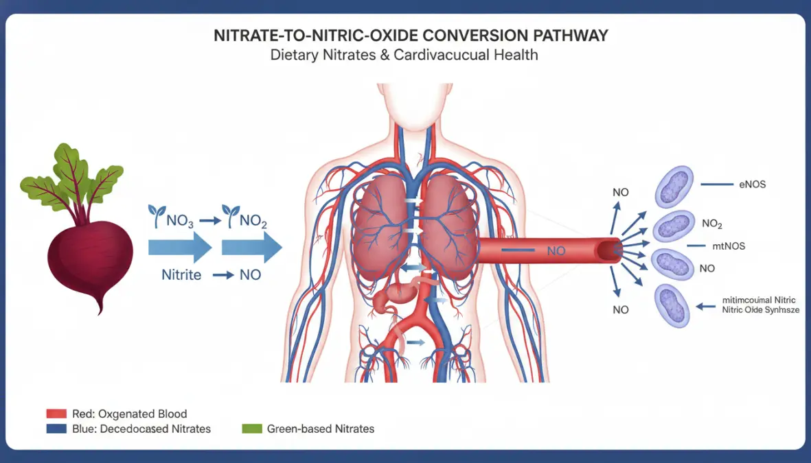Nitric oxide production pathway from dietary nitrate cycling supplementation