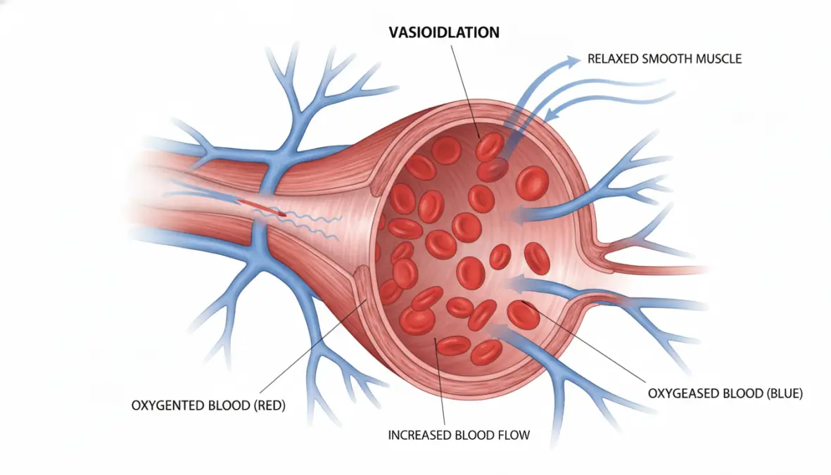 Vasodilation process showing blood flow enhancement and nitric oxide effects on blood vessels