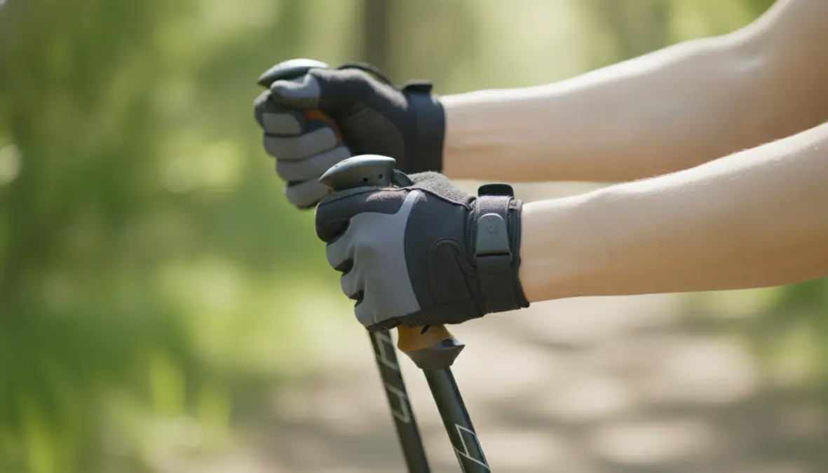 Close-up of proper hand grip and strap technique for nordic walking poles