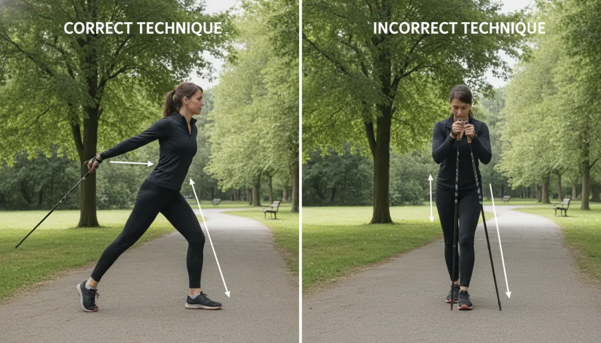 Comparison demonstrating correct and incorrect nordic walking form and posture alignment