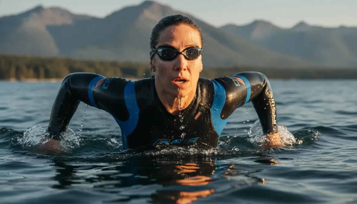 Triathlete demonstrating open water navigation swimming sighting technique