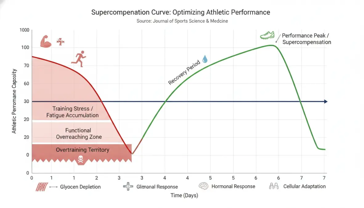 Supercompensation curve illustrating functional overreaching and recovery phases for athletic performance optimization
