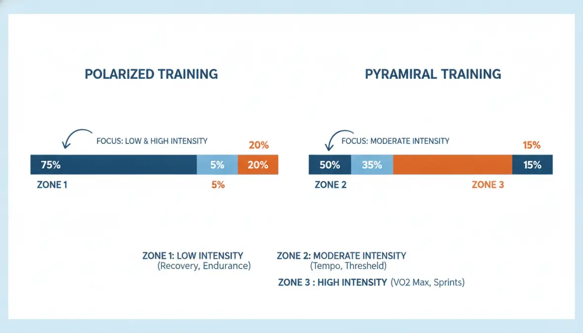 Training intensity distribution comparison chart showing polarized versus pyramidal training zone percentages