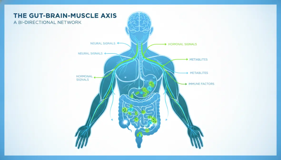 Gut-brain-muscle axis diagram showing how probiotics affect athletic performance and recovery