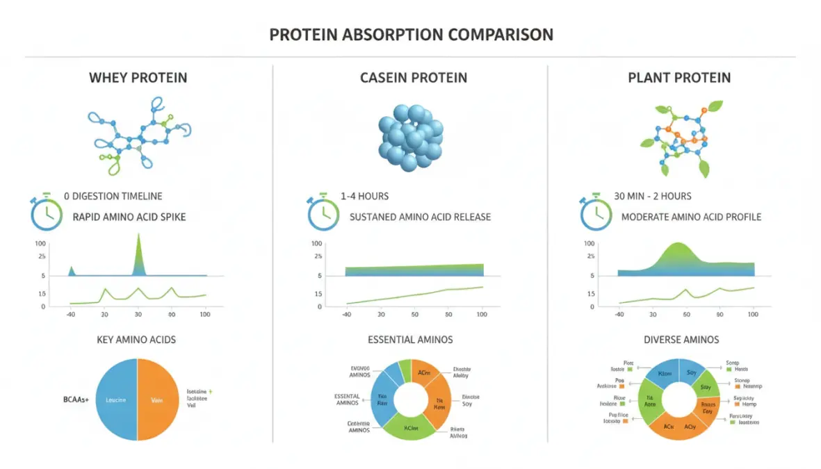 Whey vs casein vs plant protein absorption rates and amino acid profile comparison for athletes