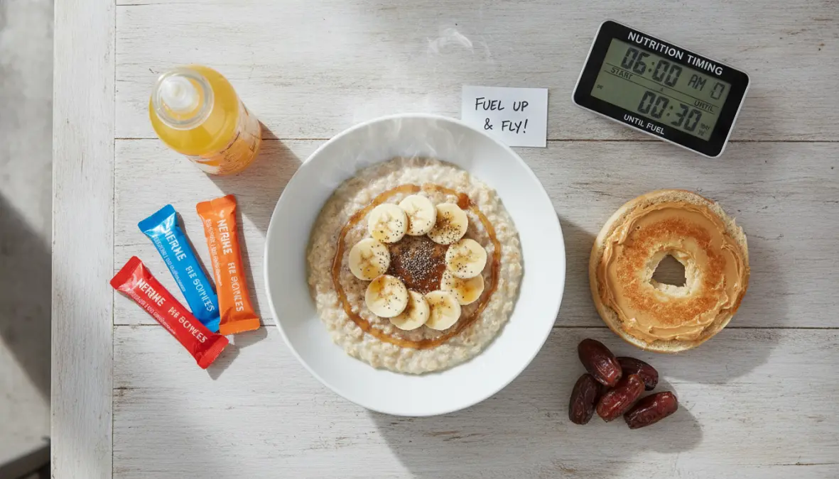 Pre race meal timing breakfast spread with carbohydrate loading foods for marathon nutrition plan