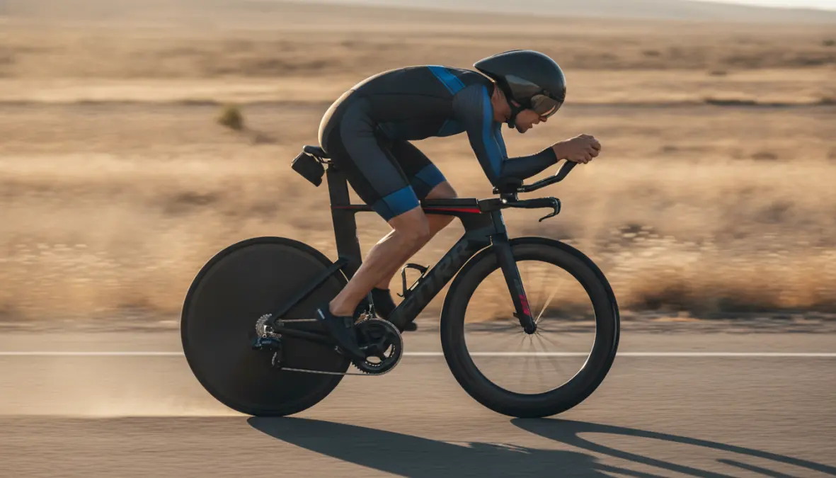 Triathlete using carbon aero wheels in time trial position demonstrating when aero wheels are worth it