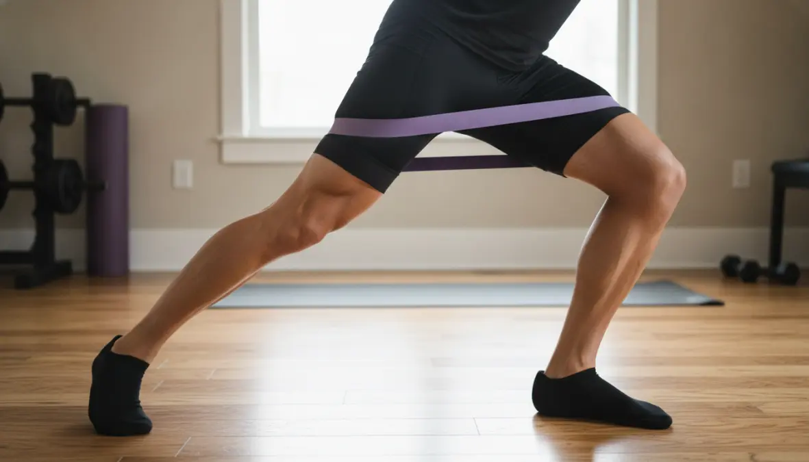 Lateral band walk exercise demonstration for cyclist leg strength training with resistance bands