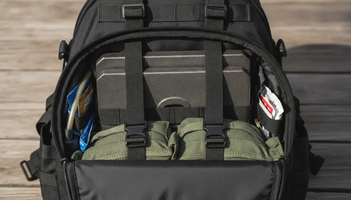 Weighted backpack setup for rucking showing proper weight plate positioning