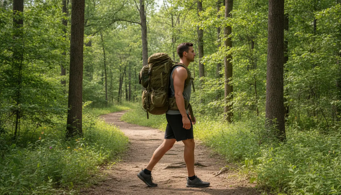 Proper rucking form and posture demonstration for beginners during weighted walking workout
