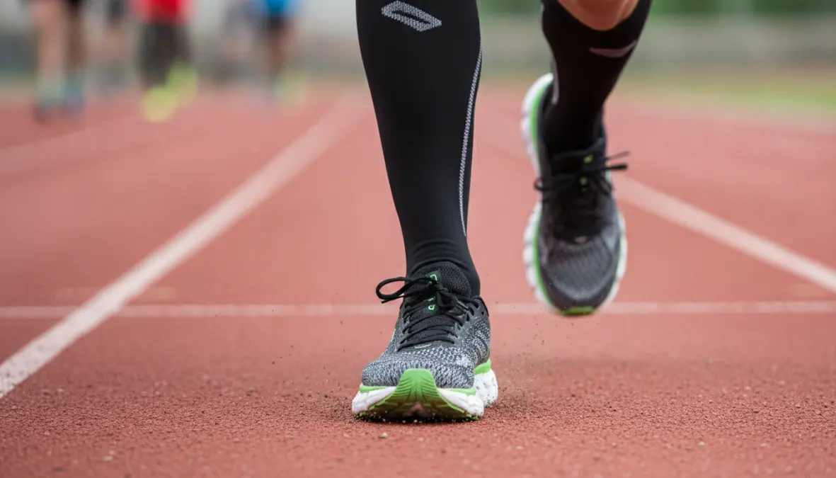Close-up of runner's foot strike showing proper running form and landing mechanics