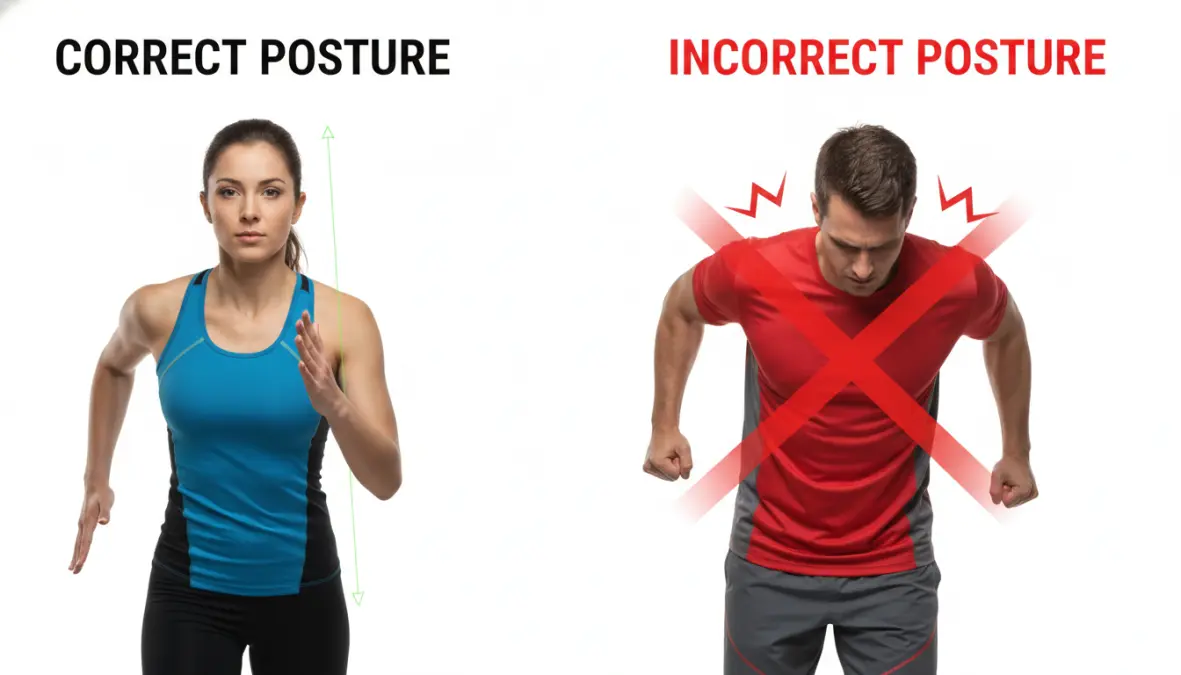 Comparison of correct and incorrect upper body running form showing posture differences