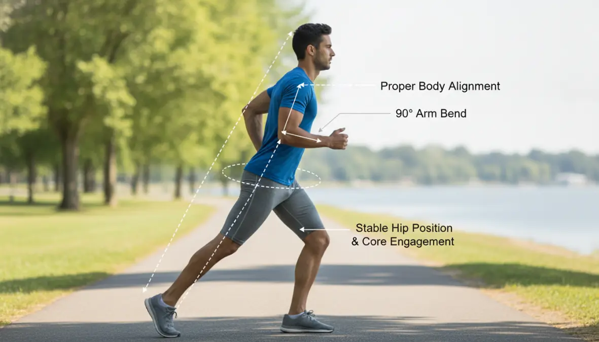Demonstration of correct running form showing proper posture, arm swing, and hip alignment