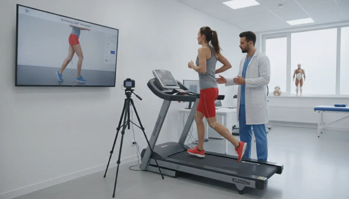 Professional running gait analysis session with coach evaluating runner's form on treadmill
