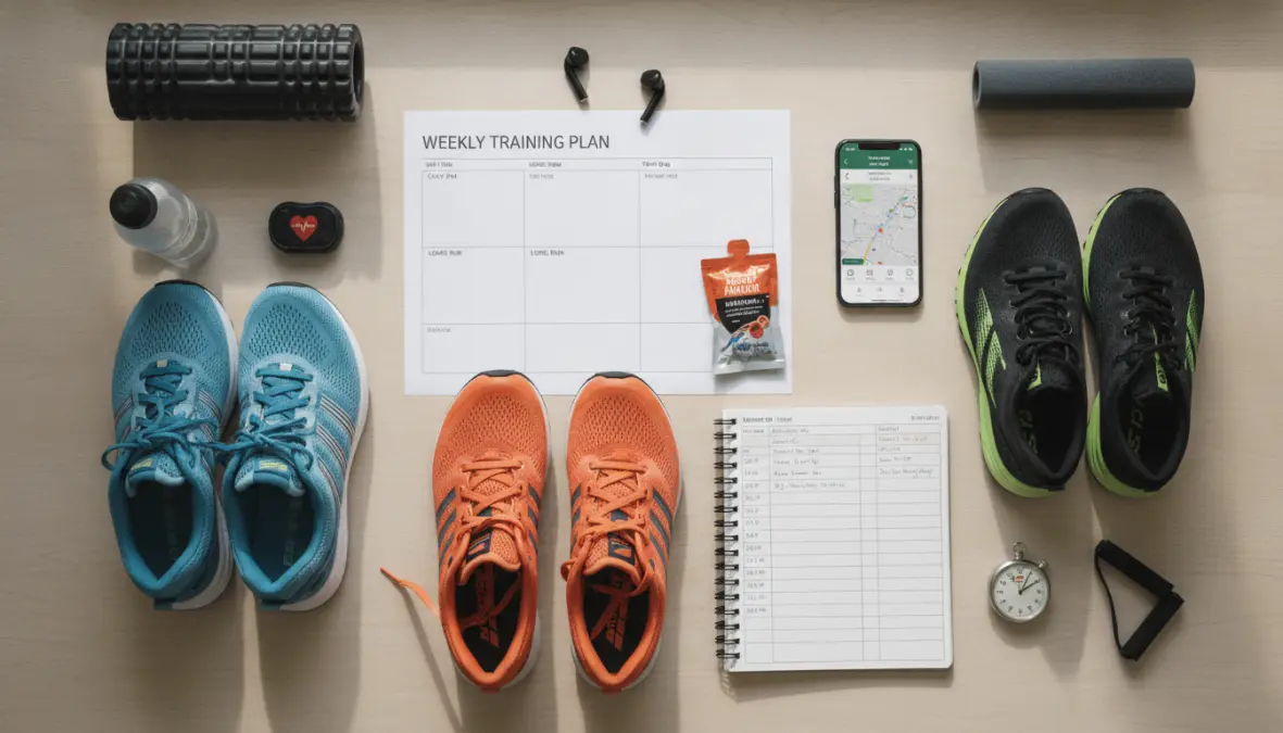 Running shoe rotation system with training schedule showing how to assign different shoes to specific workouts