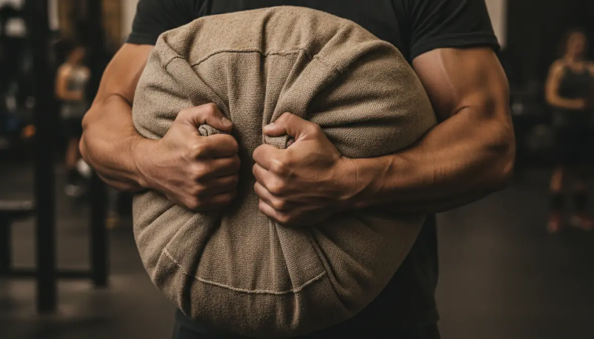 Athlete demonstrating proper grip and form during sandbag carry exercise for core stability