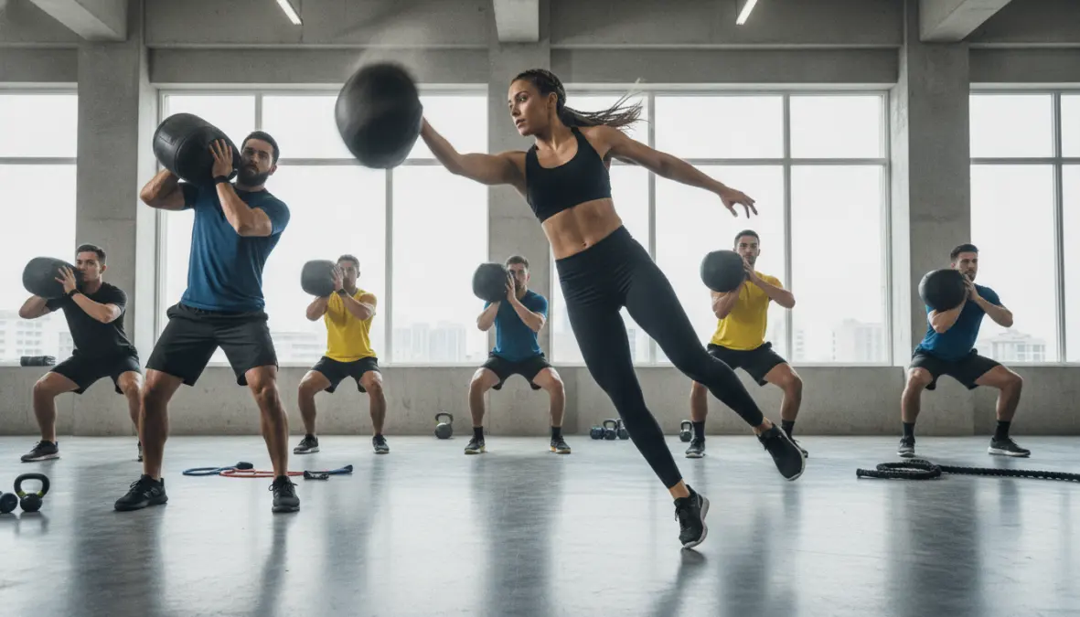 Athletes performing sport-specific sandbag workouts for athletic conditioning and power development