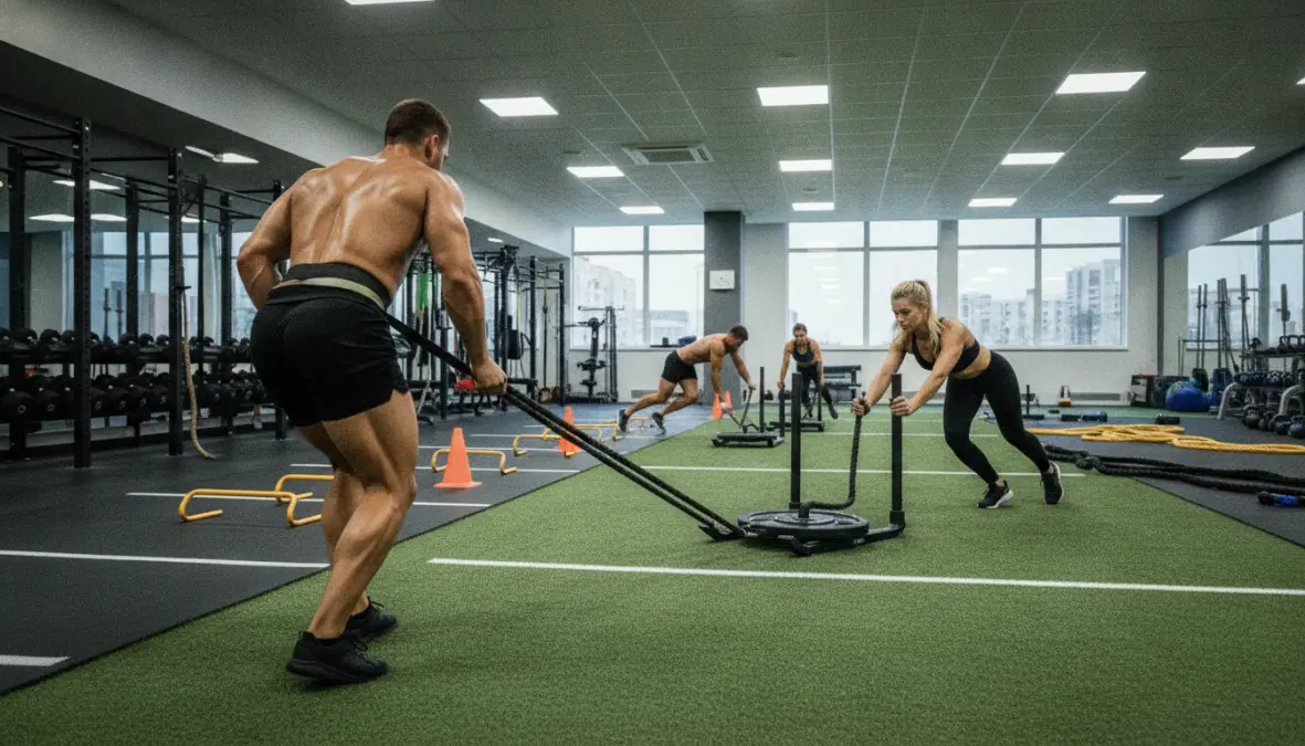 Atleti che eseguono esercizi di sled pull e sled push in routine di allenamento