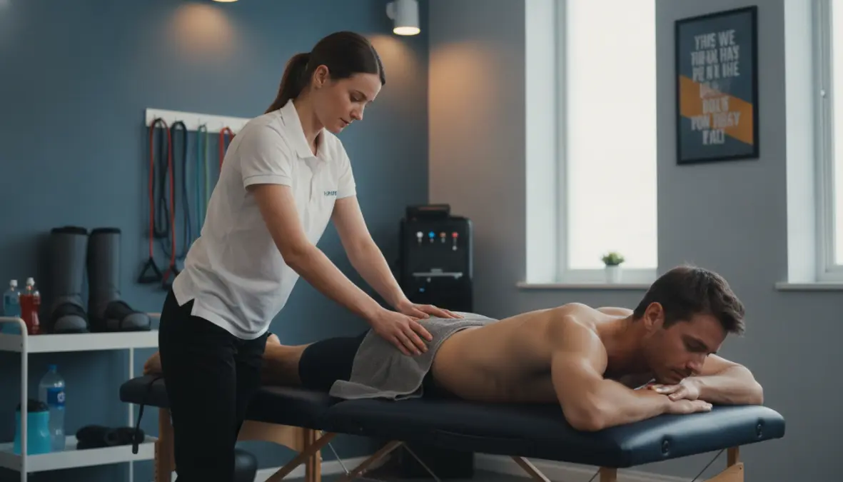 Cyclist receiving post-ride recovery massage therapy for muscle recovery and performance enhancement