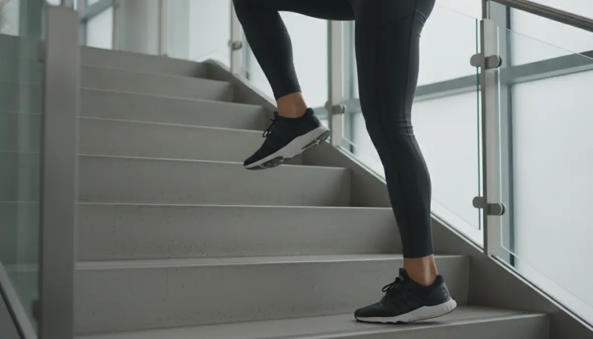 Dimostrazione della tecnica corretta per l'esercizio di step-skipping durante un allenamento sulle scale per lo sviluppo dei muscoli delle gambe