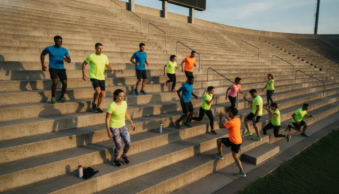 Gruppo di persone che eseguono un allenamento HIIT sulle scale per migliorare la resistenza cardiovascolare e bruciare calorie