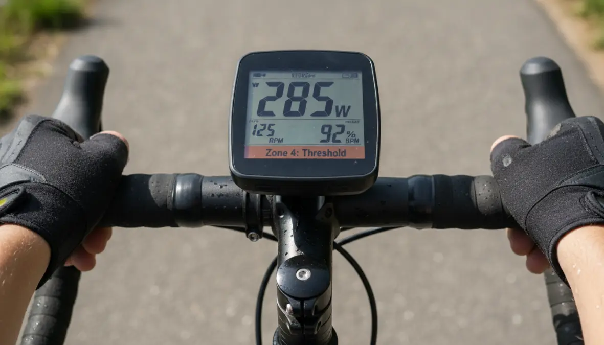 Cycling power meter displaying sweet spot training zones and FTP percentage for structured workout