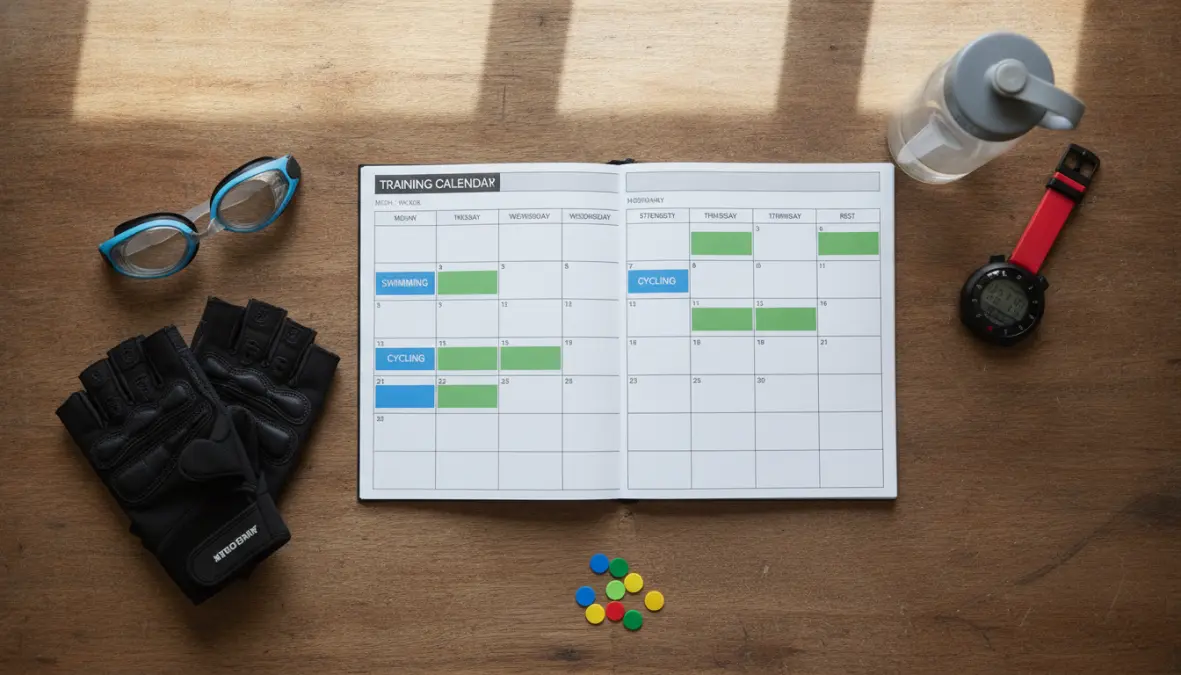 Weekly training schedule integrating swimming and cycling cross-training workouts for cyclists