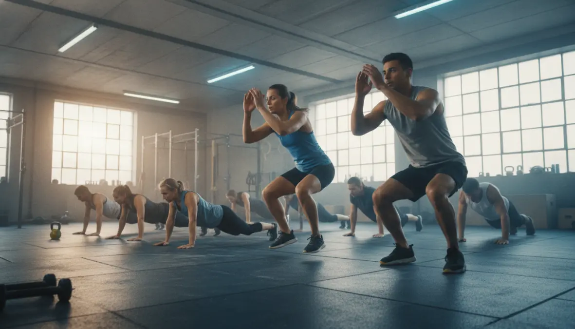 Athletes performing various tabata exercises during high intensity interval training session