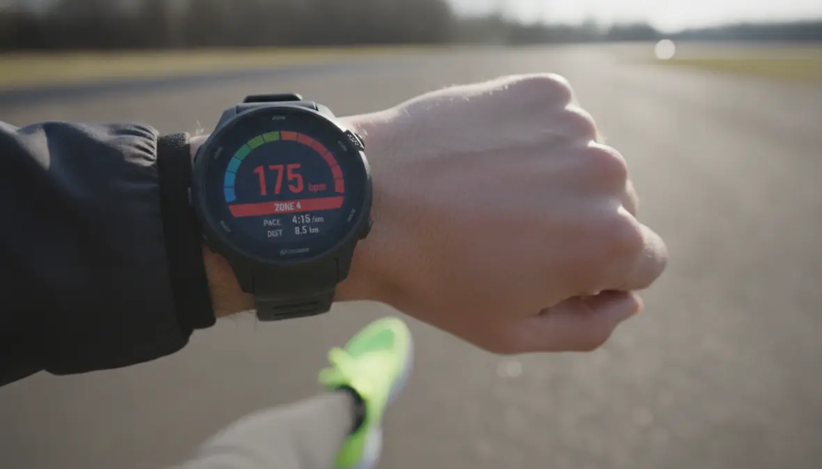 Running watch displaying heart rate zones during tempo run for triathletes