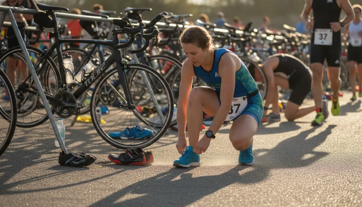 Triathlete performing brick tempo run after bike session in training
