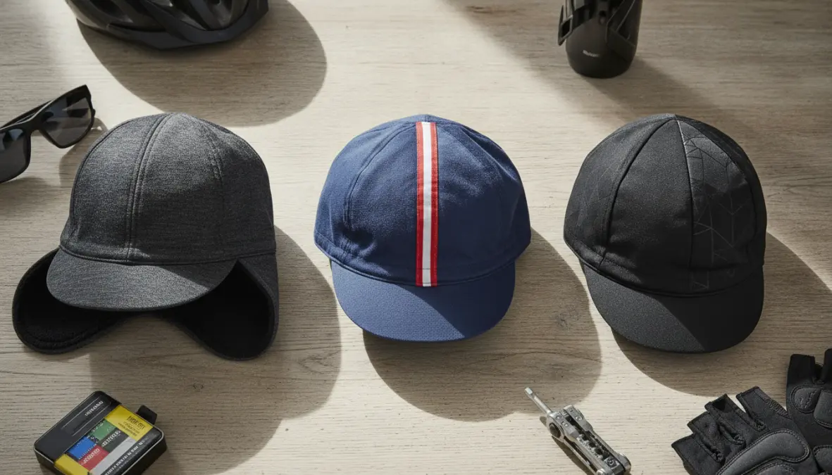 Different types of cycling caps showing various materials and styles for different seasons