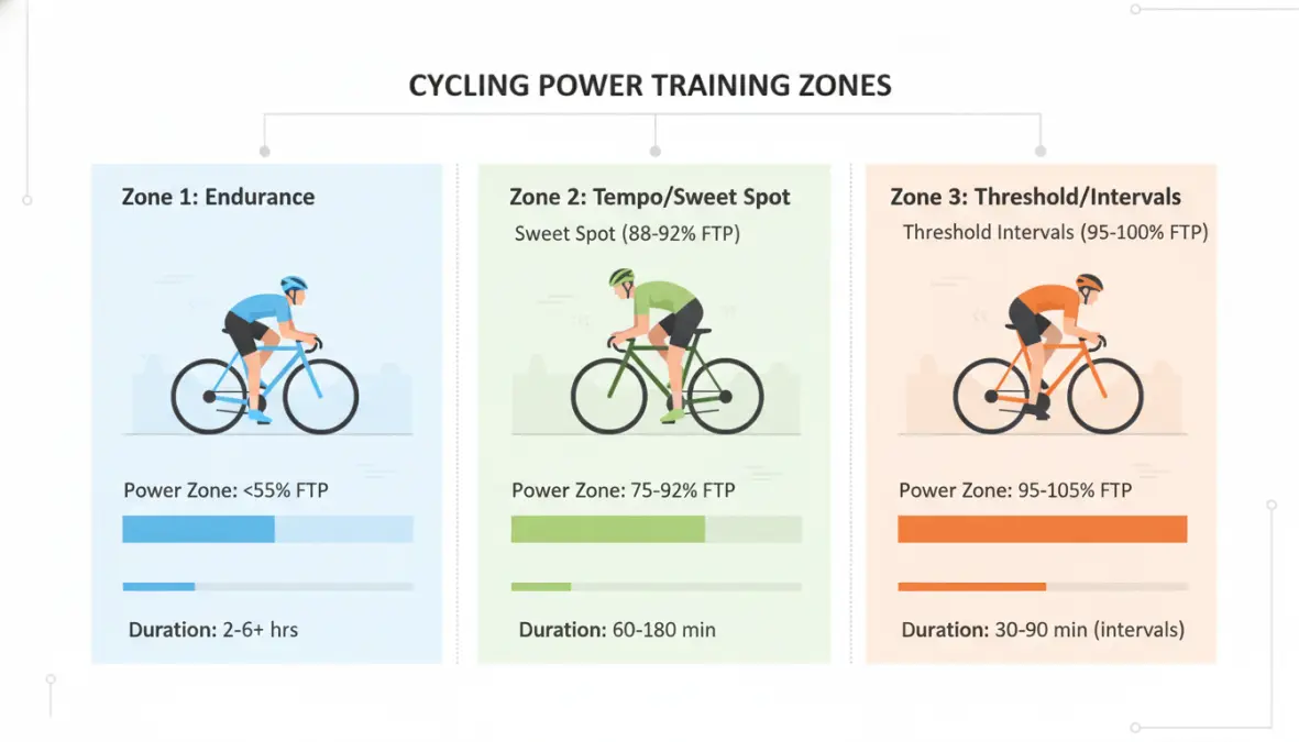 Training zones comparison chart showing threshold intervals vs tempo intensity and duration for FTP building