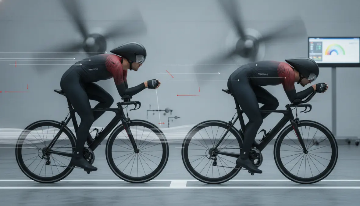 Aerodynamic cycling position demonstration showing optimal time trial bike setup and body angles