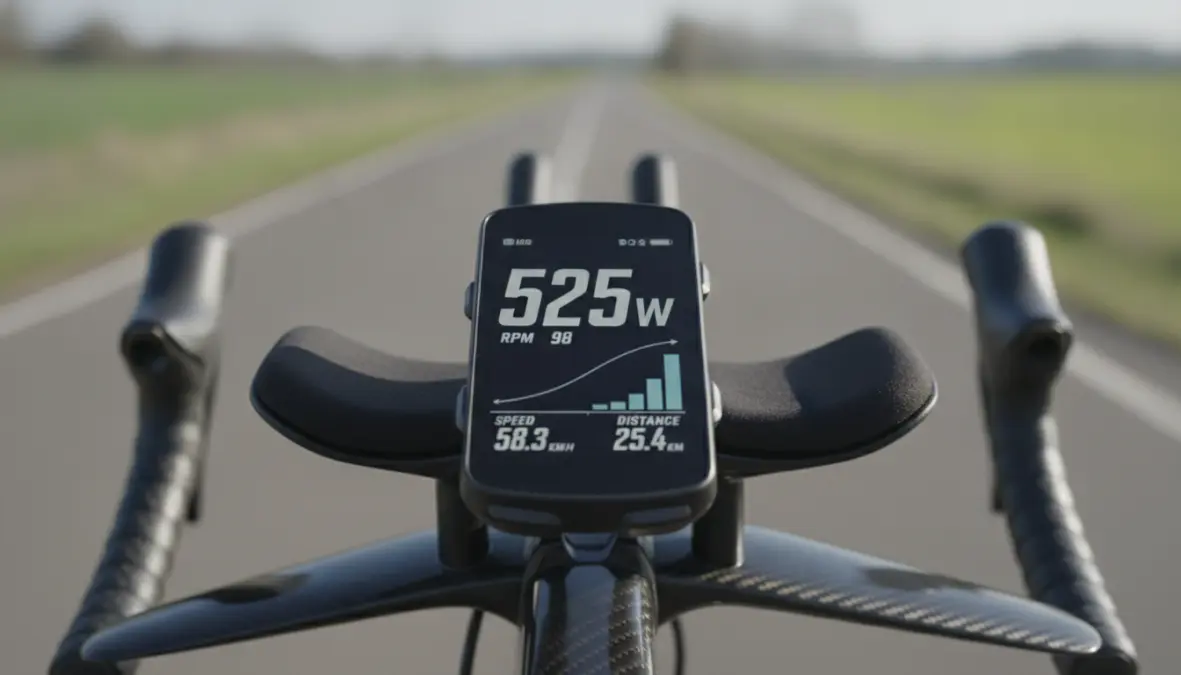 Power meter displaying functional threshold power data for time trial pacing strategy