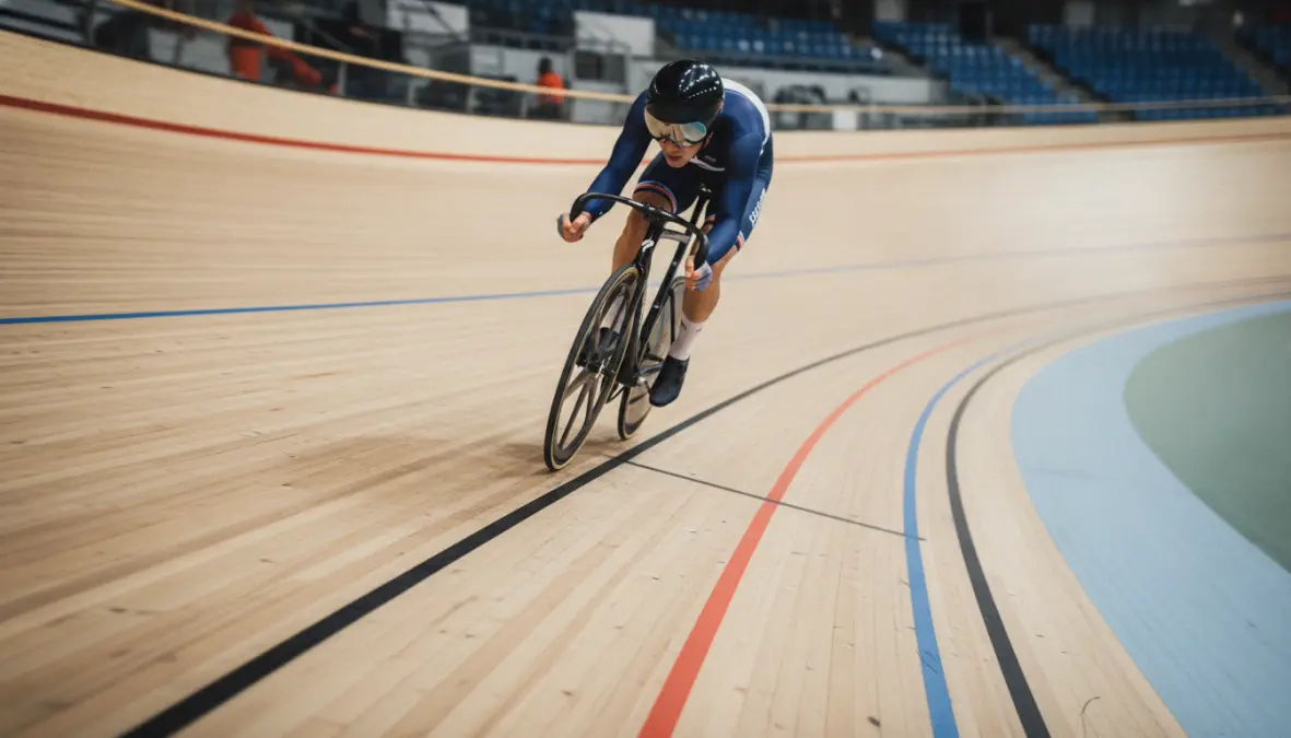 Cyclist demonstrating proper banking techniques on velodrome track during training