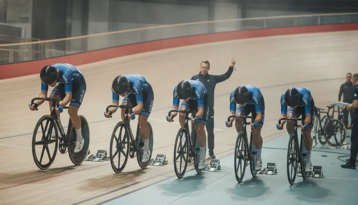 Sprint cycling training workout with standing starts on indoor velodrome track