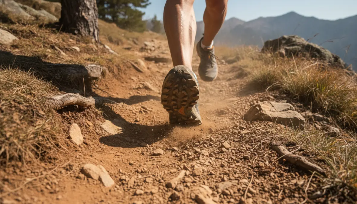 Trail running technique demonstration showing proper foot strike and trail running form for cyclists