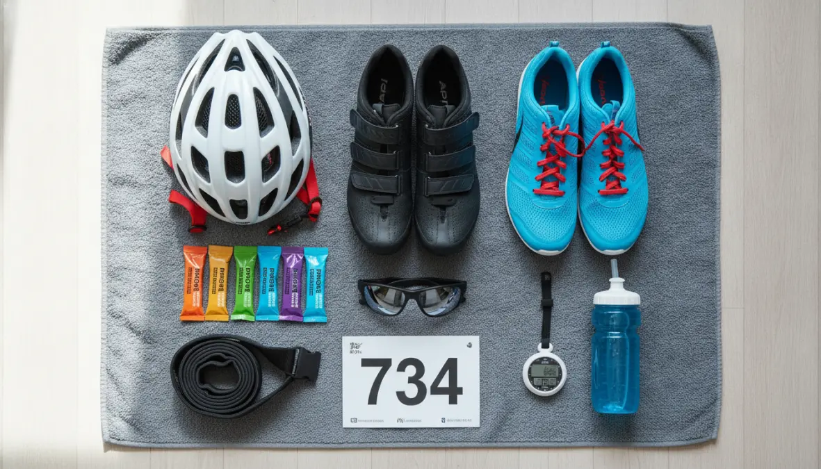 Organized triathlon transition zone setup showing essential gear arrangement for T1 and T2 transitions