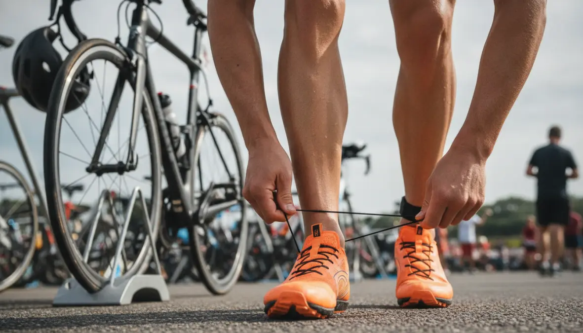 Triathlete performing quick bike to run transition T2 with elastic laces during triathlon race