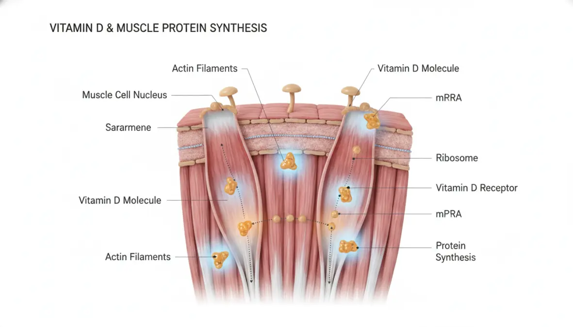 Vitamin D muscle recovery mechanism showing cellular interaction with muscle tissue