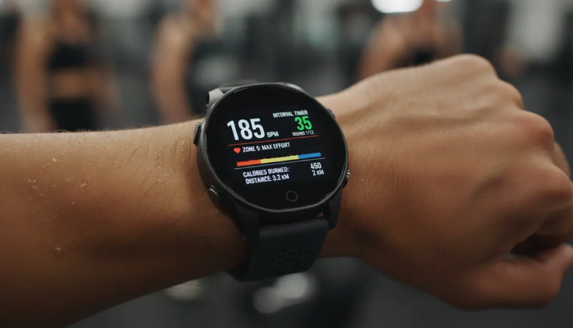Heart rate monitor displaying VO2 max interval training metrics and intensity zones