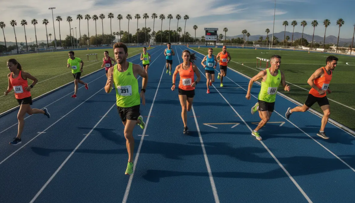 Endurance athletes performing structured VO2 max interval workout on outdoor track