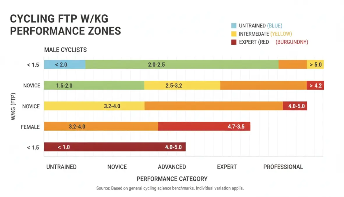 FTP watts per kg cycling chart showing performance categories and benchmarks for cyclists