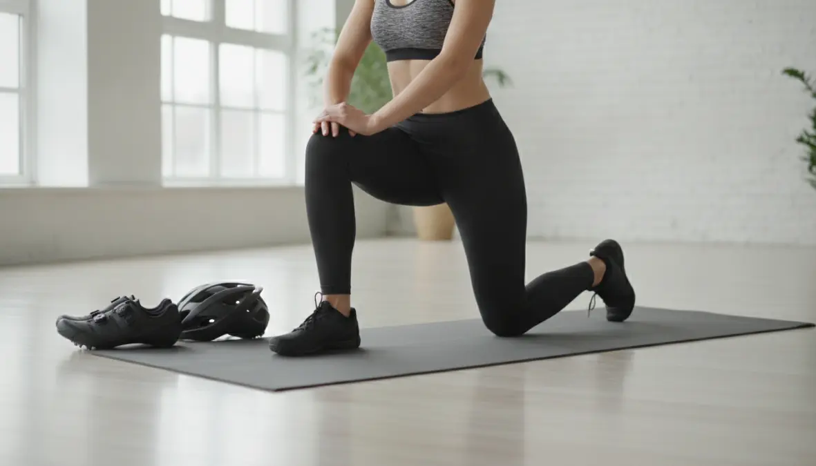 Cyclist demonstrating low lunge yoga pose for tight hips and hip flexors stretching