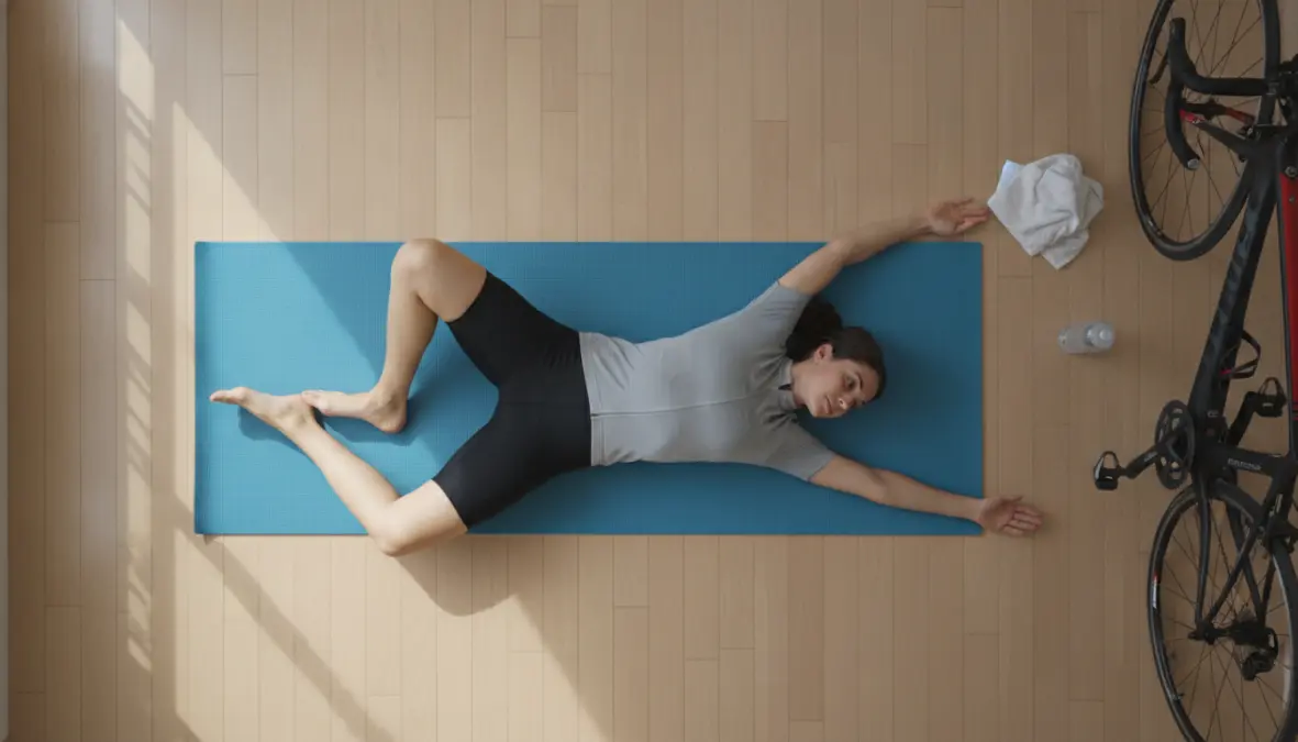 Post ride yoga sequence with reclined spinal twist for cycling recovery and lower back relief
