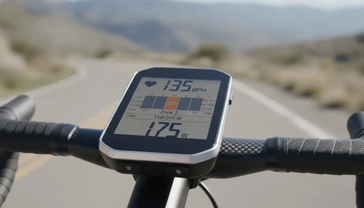 Cycling power meter displaying zone 2 heart rate cycling and power data for training