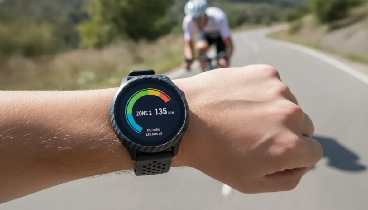 Heart rate monitor displaying zone 2 heart rate data during aerobic training session