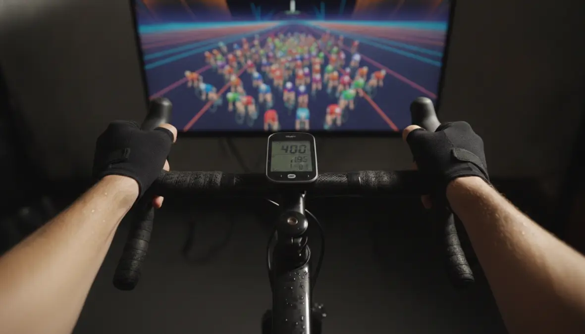 Zwift racing tactics showing power output during virtual competition with drafting peloton